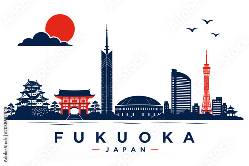 Fukuoka Japan Skyline Landmark Vector Illustration in Minimalist Flat Style