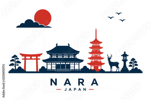 Nara Japan Skyline Landmark Vector Illustration in Minimalist Flat Style