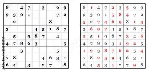 Classic Sudoku puzzle grid with solutions and highlighted numbers . Easy level