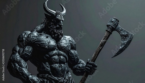 Bearded Warrior with Horns and Axe: A formidable warrior with a thick beard, prominent horns, and powerful physique stands ready for battle, gripping a battle axe. Dark.