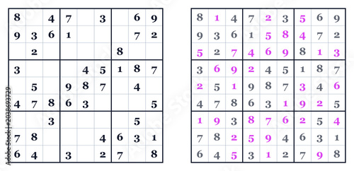 Classic Sudoku puzzle with filled and empty grids for solving . Easy level