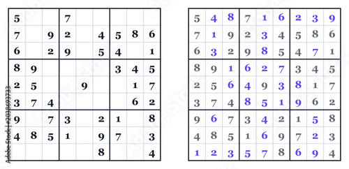 Classic Sudoku puzzle with solution and highlighted numbers . Easy level