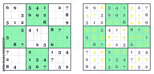 Classic Sudoku puzzle grid with highlighted numbers and solutions . Easy level