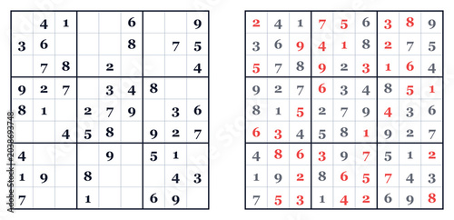 Classic Sudoku puzzles with solutions and highlighted numbers .Easy level