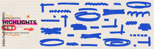 Schilderij op canvas Highlighter marker patches with felt tip annotation in blue ink for journal and study note