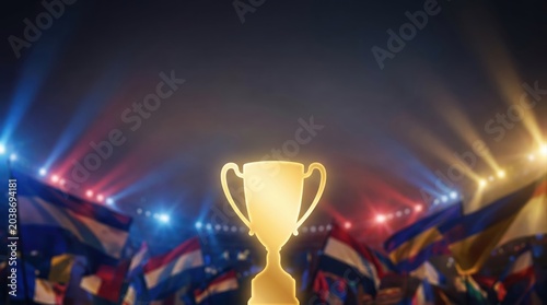 Golden Trophy Celebration with Stadium Lights and Cheering Fans for Sports Victory Background