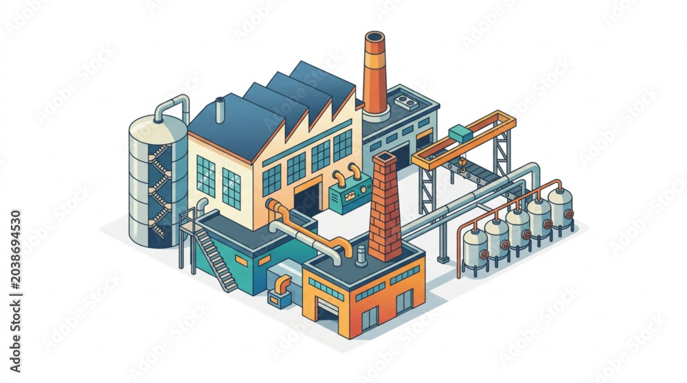 Naklejka premium Industrial Factory Building with Smokestacks and Silos.