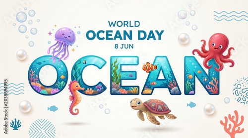 World ocean day illustration with marine life and bubbles