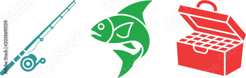 Photos Fishing rod, green fish icon, and red tackle box with compartments illustration