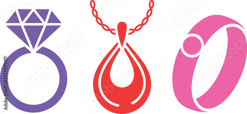Obraz na płótnie Jewelry icons set featuring a diamond ring, pendant necklace, and bracelet and e