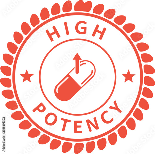 Fotografie High Potency Badge Icon with Capsule and Arrow in Red Circle