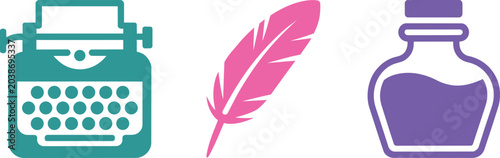 Canvastavla Teal typewriter icon, pink quill pen and purple inkwell representing writing lit
