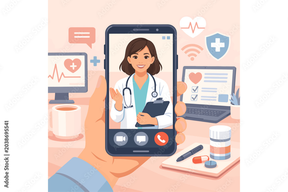 Fototapeta premium Smartphone Healthcare Illustration with Woman Doctor