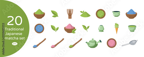 Traditional Japanese matcha tea icons vector set. Bamboo spoon with tea powder, whisk, bowls and ceramic teapot, cup, chawan. Blue, pink and green matcha powder, sieve, ice cream and leaves.