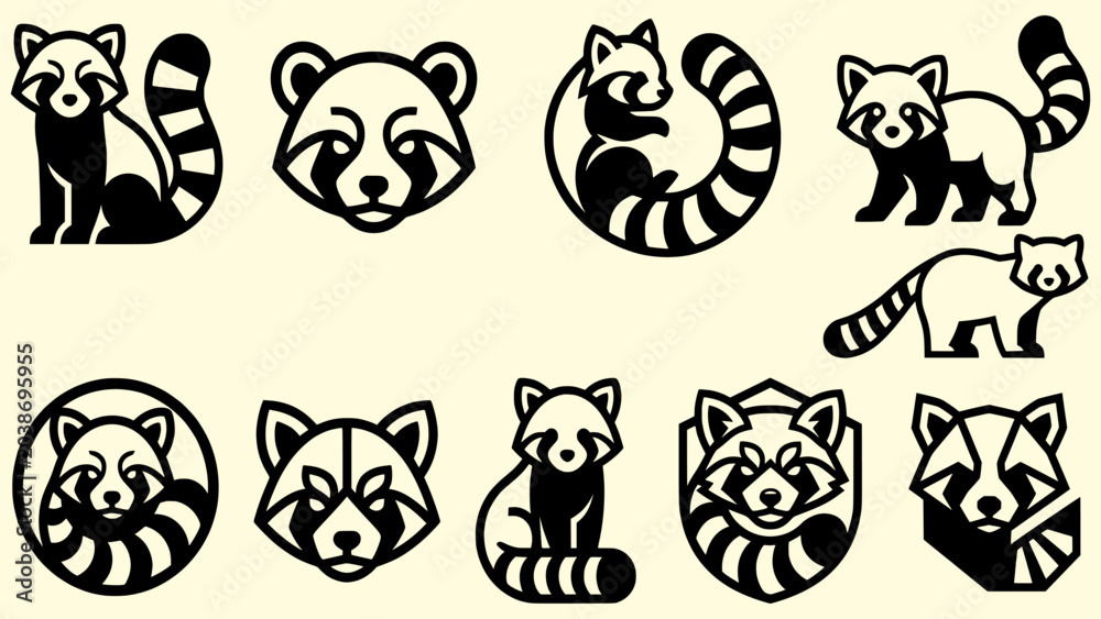 Fototapeta premium Set of red panda minimalist graphic icons with wildlife minimalist illustration silhouette