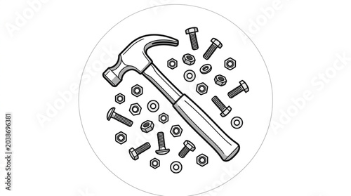Slika na platnu Hammer and various fasteners arranged in a circle.