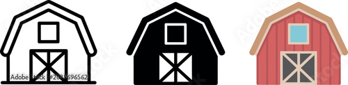 Barn house vector set featuring outline black silhouette and red farmhouse flat icon illustrations