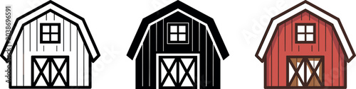 Barn house vector set featuring outline black silhouette and red farmhouse flat icon illustrations