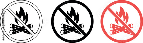 No campfire sign vector set featuring outline black silhouette and red open flame prohibition icons