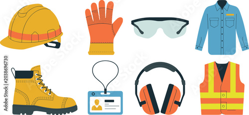 Personal protective equipment vector set featuring industrial safety clothing ppe flat icons isolated on white