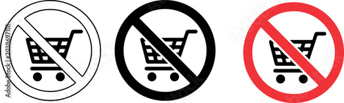 No shopping cart icon set vector with outline glyph and restricted red warning signs for forbidden retail commercial areas