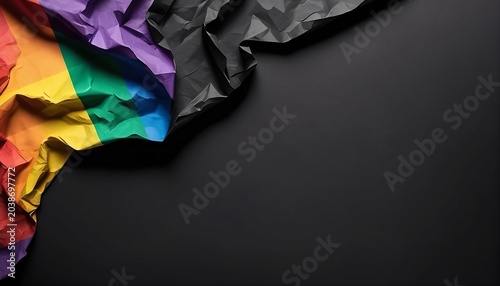 black empty paper sheet with space for copy on crumpled lgbt flag, created with generative ai