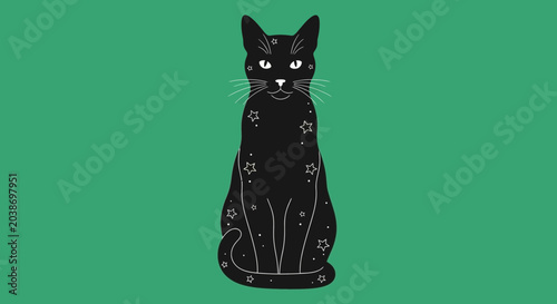 Foto Celestial Black Cat Illustration with Stars on Green Background