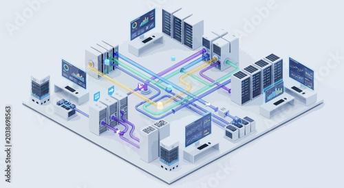 Isometric illustration of a computer network infrastructure.