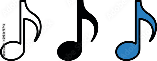 Photos Musical eighth note vector icon set with outline silhouette and blue colored fla