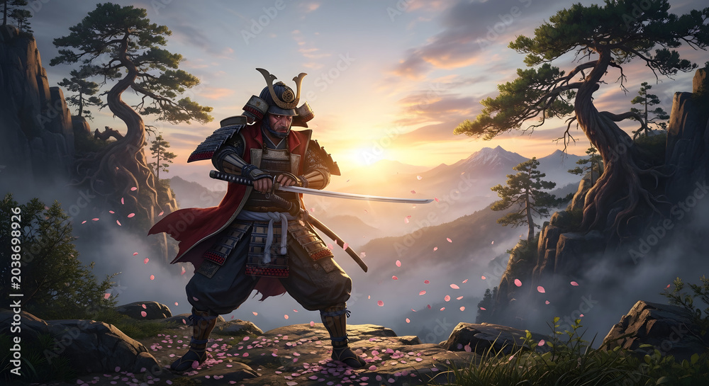 Naklejka premium A majestic samurai warrior in traditional armor standing on a cliff edge at sunrise, surrounded by cherry blossom petals and misty mountain scenery