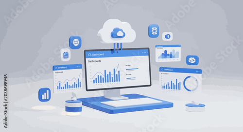 A computer screen displaying various data charts and graphs with cloud computing icons.