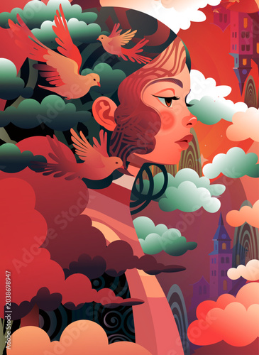 A cartoon-style girl with birds and a city in the background