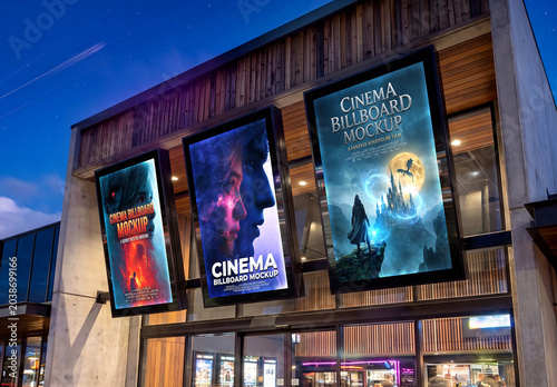Three Modern Movie Theater Billboards Mockup for Cinematic Advertising and Branding Presentation