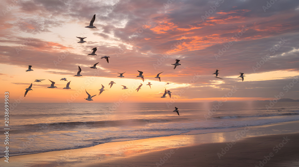 Fototapeta premium Flock of seagulls flying over the ocean at sunset serene beach landscape with colorful sky freedom and nature concept.