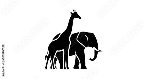 Canvas Print Minimalist Silhouette of Giraffe and Elephant Standing Together