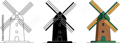 Traditional rural windmill building icons set featuring linear outline black silhouette and colorful green flat vector illustrations