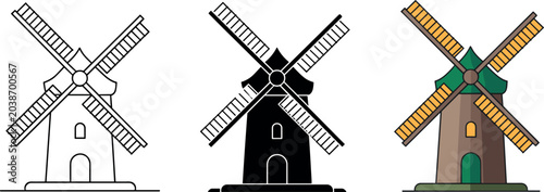 Traditional rural windmill building icons set featuring linear outline black silhouette and colorful green flat vector illustrations