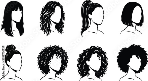 Billede på lærred Women hairstyles silhouette avatars set, female hair types collection including