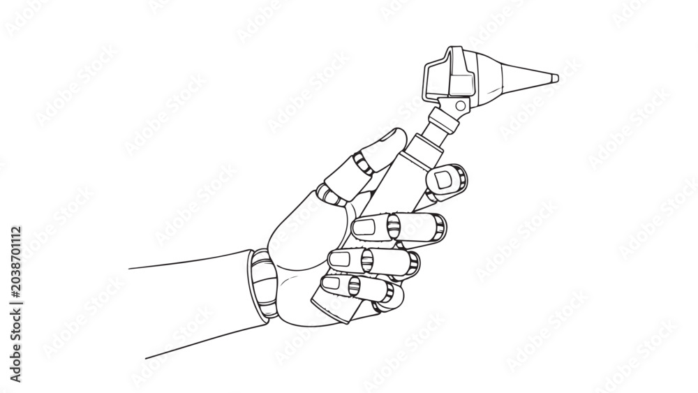 Obraz premium Outline drawing of a sophisticated robotic hand holding an otoscope, representing the integration of AI and technology in modern medicine.