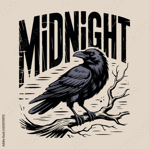 Vintage raven illustration with midnight text on textured background. Gothic crow perched on a bare branch in retro horror style. Spooky midnight crow graphic for Halloween and apparel design. 