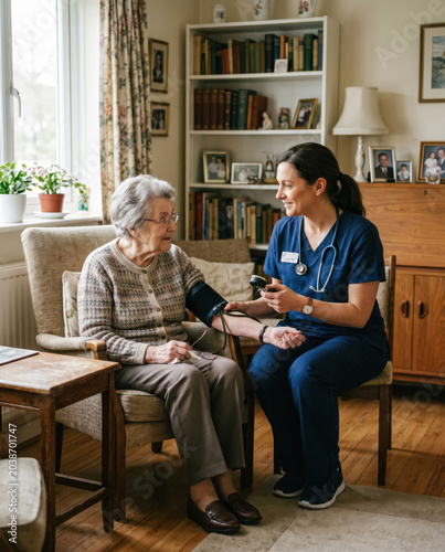 Local nurse talking with elderly patient during home visit.generative AI