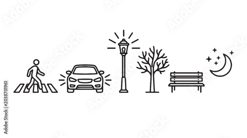 Quadro su tela Minimalist urban night icons set, black line art city street elements, pedestria