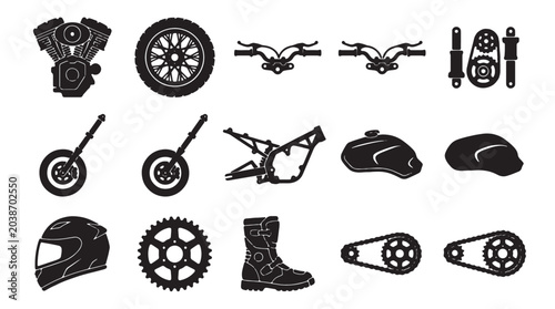 Tableau sur toile Motorcycle parts and accessories, bike icons, 16 black vector graphics, motorcyc