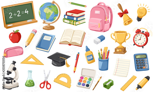 Set of school supplies and education objects with books, globe, backpack, microscope, ruler, pencil, stationery. Cartoon hand drawn vector illustrations for classroom, stickers, study, academic design