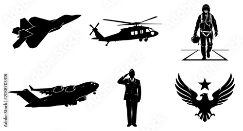 Tableau sur toile Set of military force silhouettes featuring an army transport helicopter a salut