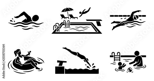 Tableau sur toile Swimming pool silhouettes vector featuring people diving into the water sunbathi