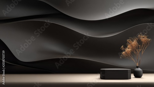 Dark, wavy background with minimalist black platform and dried floral arrangement