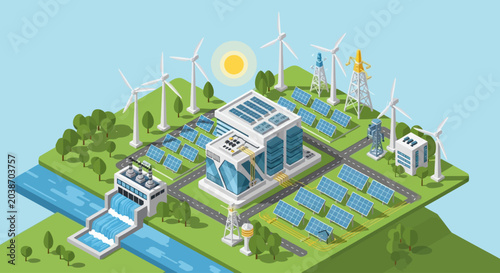 Sustainable energy production with solar panels and wind turbines.
