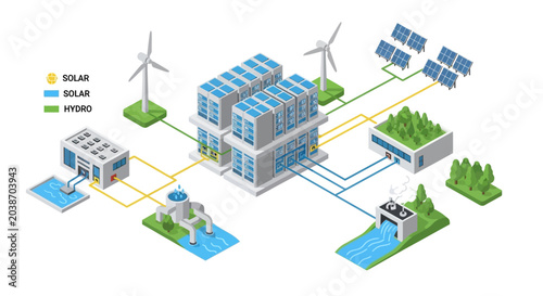 Renewable energy system with solar panels and wind turbines.