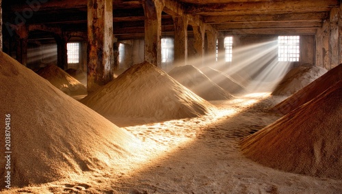 Sunbeams illuminate a large, dusty warehouse filled with many conical piles of light brown grain or sand